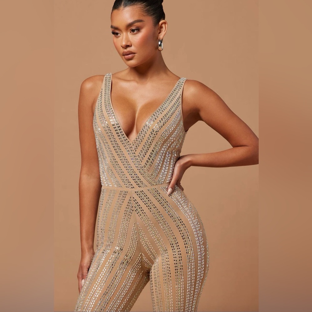Fashion Nova embellished Nude Jumpsuit